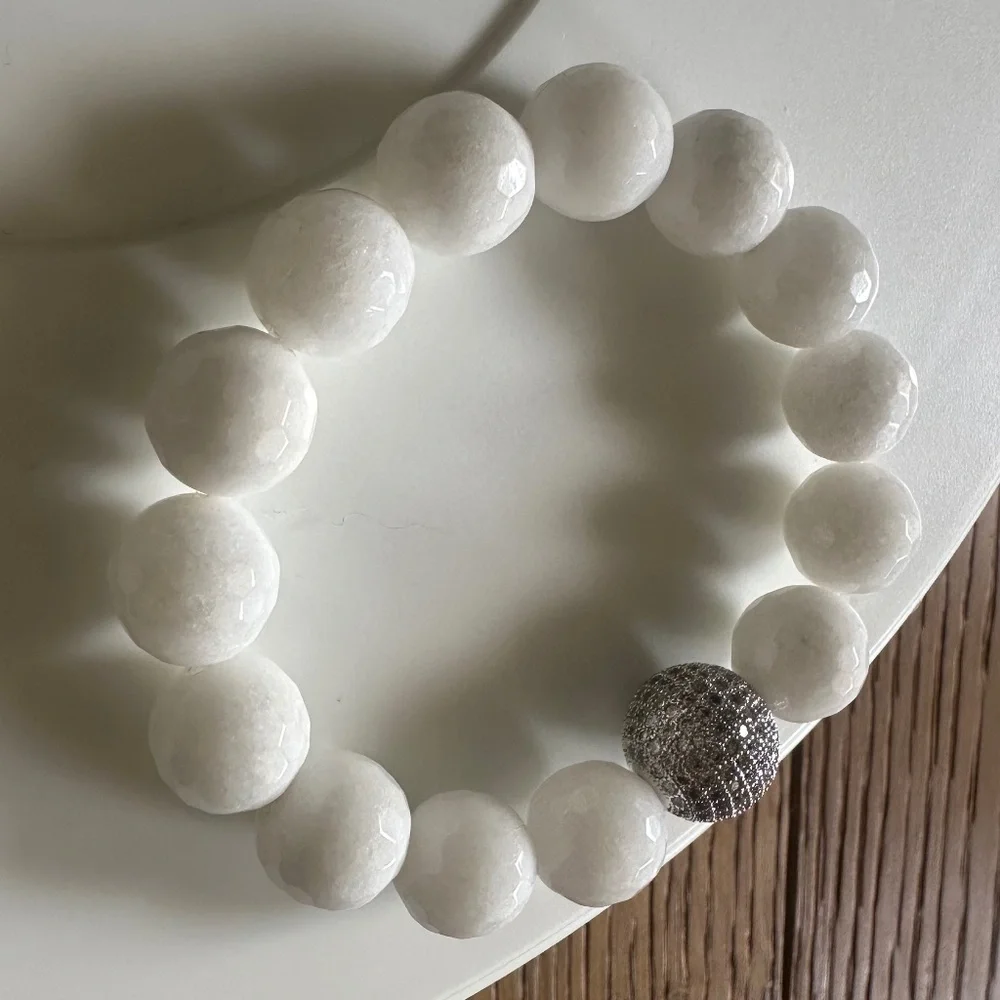 White Jade Statement Bracelet | 12mm Beaded Stretch | Silver Pavé Luxe Accent